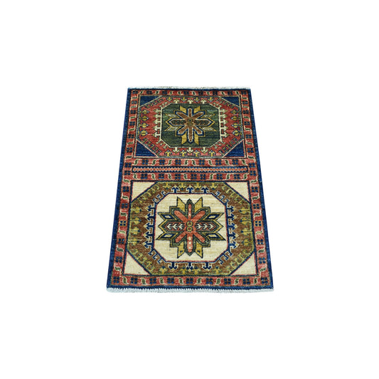 Tribal & Geometric Wool Hand Knotted Rug Blue Red 1.10X3.0 -O056764