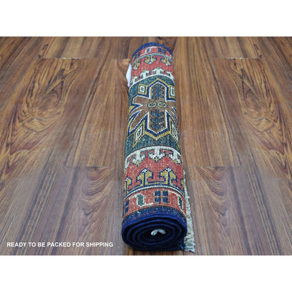 Tribal & Geometric Wool Hand Knotted Rug Blue Red 1.10X3.0 -O056764