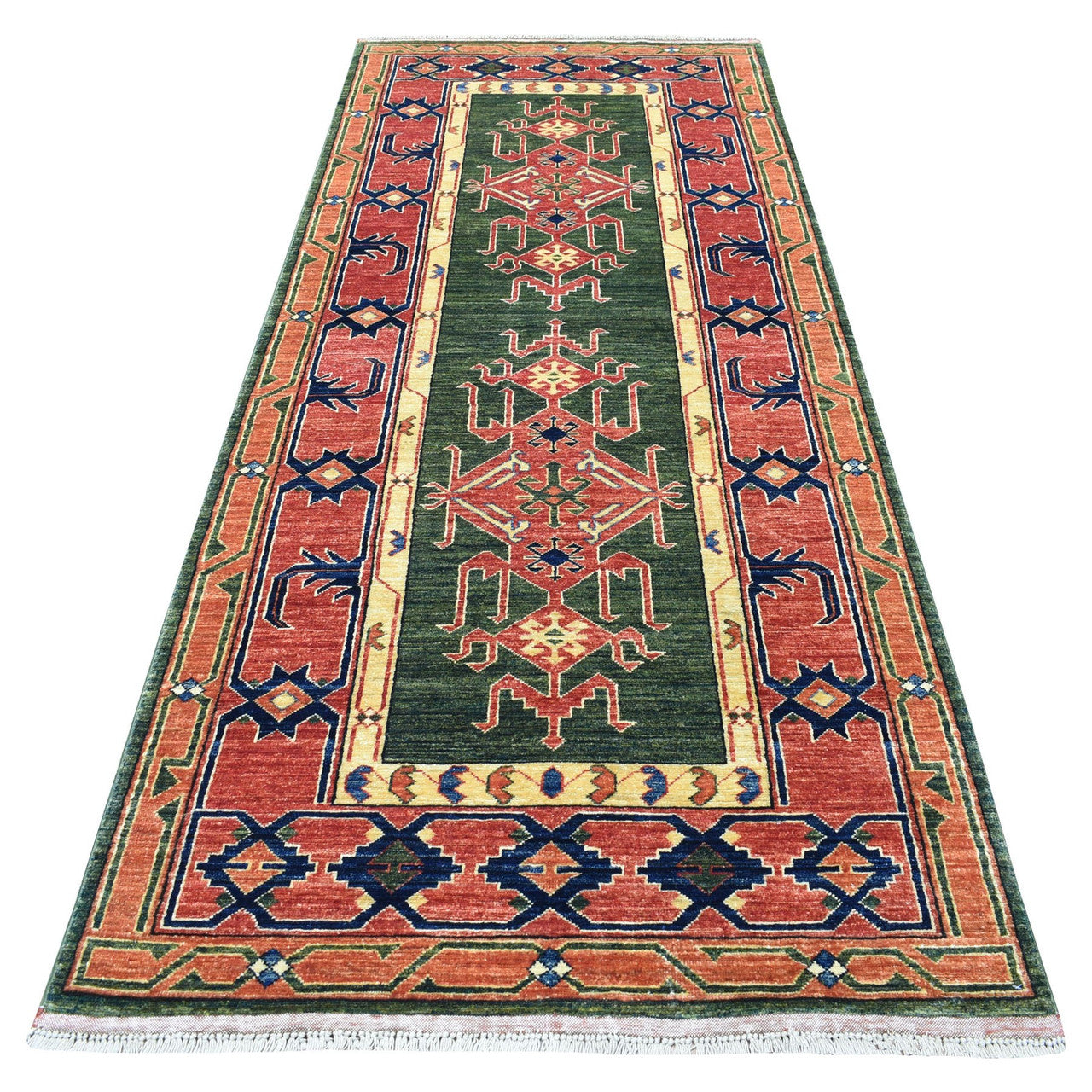 Green 4'0" x 9'8" Tribal & Geometric Hand knotted Wool Rug - Sku: O056785