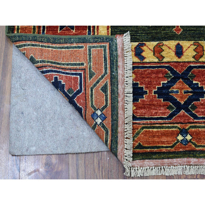 Tribal & Geometric Wool Hand Knotted Rug Green Rust 4.0X9.8 -O056785