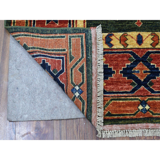 Tribal & Geometric Wool Hand Knotted Rug Green Rust 4.0X9.8 -O056785