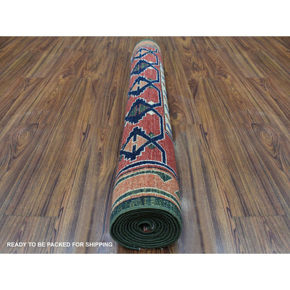 Tribal & Geometric Wool Hand Knotted Rug Green Rust 4.0X9.8 -O056785