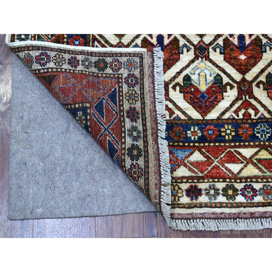 Tribal & Geometric Wool Hand Knotted Rug Ivory Red 4.10X6.5 -O056876