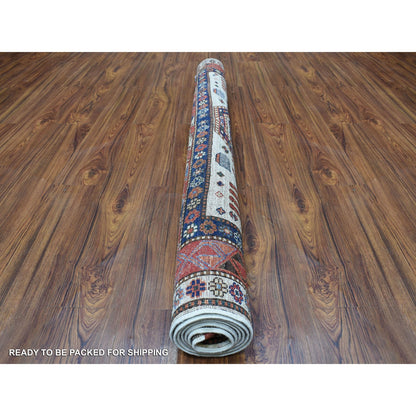 Tribal & Geometric Wool Hand Knotted Rug Ivory Red 4.10X6.5 -O056876