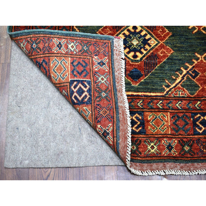 Tribal & Geometric Wool Hand Knotted Rug Teal Red 4.10X12.9 -O056877