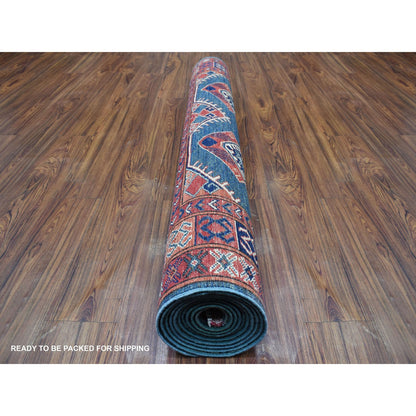 Tribal & Geometric Wool Hand Knotted Rug Teal Red 4.10X12.9 -O056877