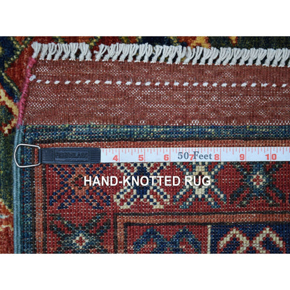 Tribal & Geometric Wool Hand Knotted Rug Teal Red 4.10X12.9 -O056877