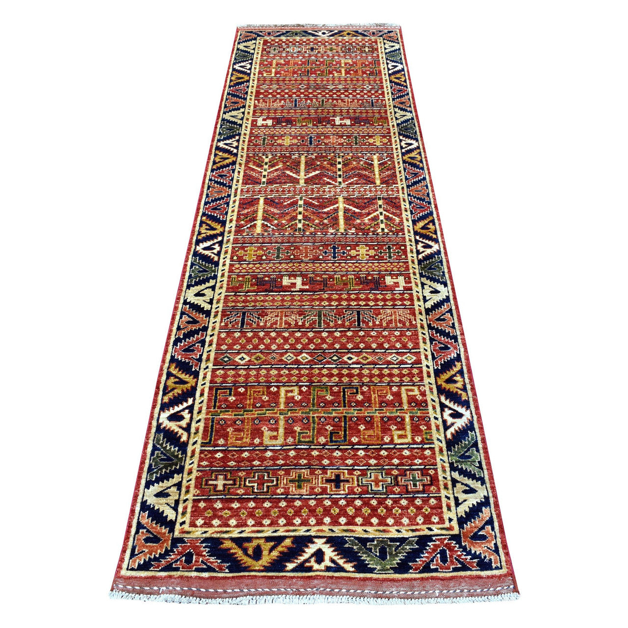 Red 2'8" x 9'7" Tribal & Geometric Hand knotted Wool Rug - Sku: O056929