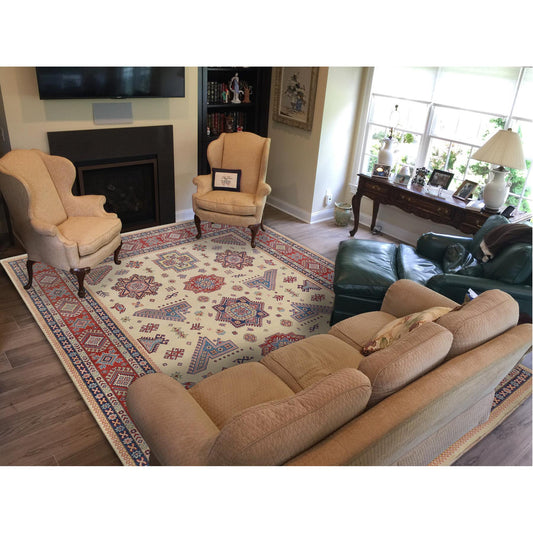 Kazak Wool Hand Knotted Rug Ivory Red 8.8X12.0 -O057055