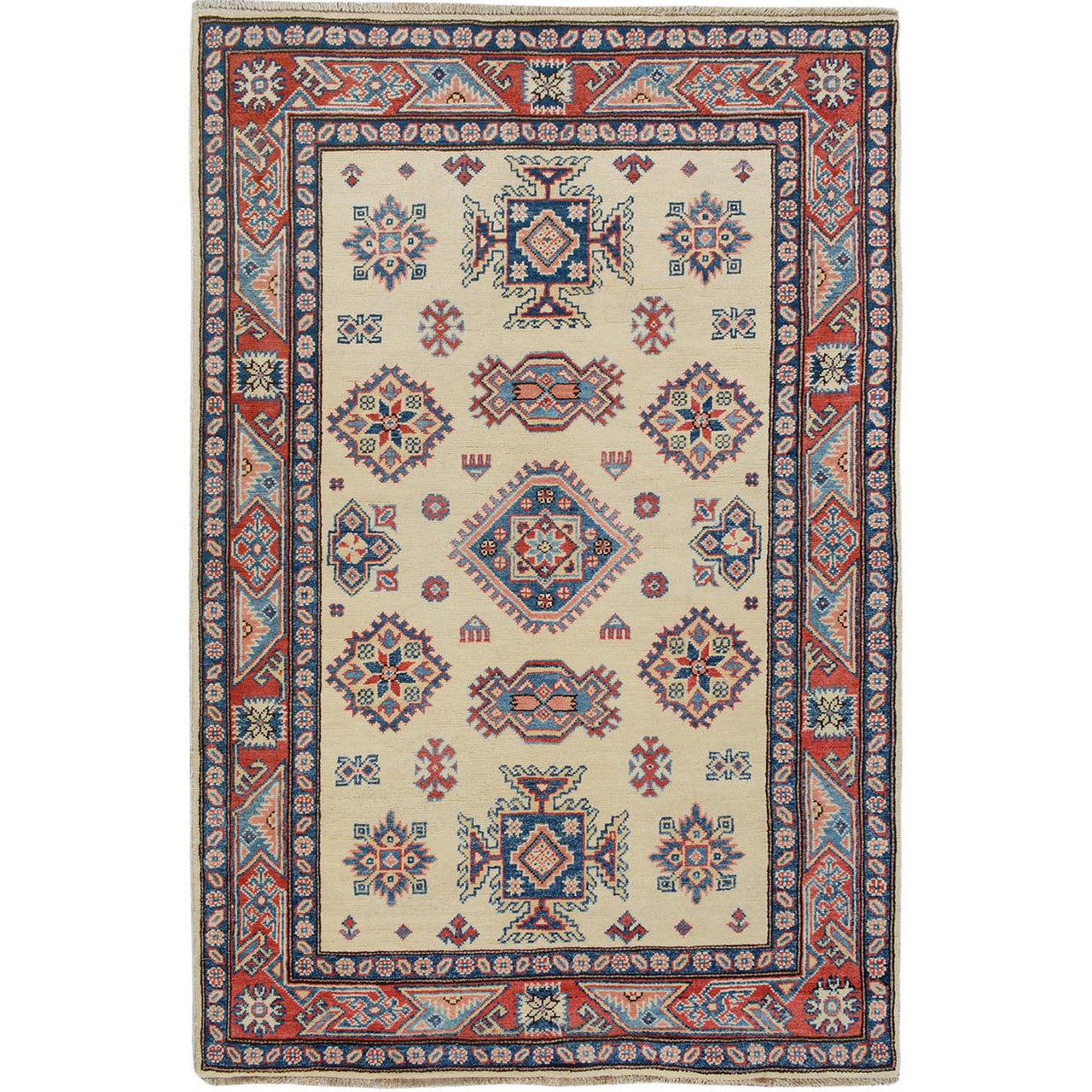 Kazak Wool Hand Knotted Rug Ivory Red 4.0X5.7 -O057071