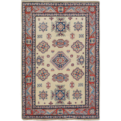 Kazak Wool Hand Knotted Rug Ivory Red 4.0X5.7 -O057071