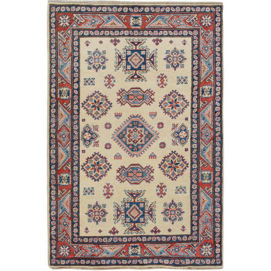 Kazak Wool Hand Knotted Rug Ivory Red 4.0X5.7 -O057071