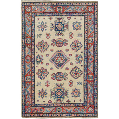 Kazak Wool Hand Knotted Rug Ivory Red 4.0X5.7 -O057071