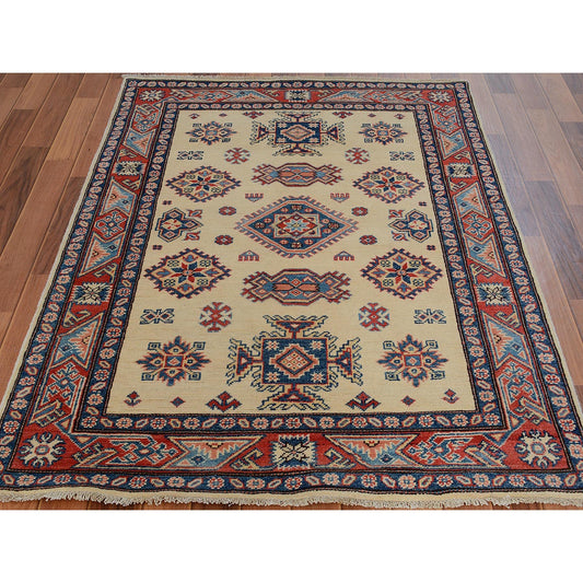 Kazak Wool Hand Knotted Rug Ivory Red 4.0X5.7 -O057071