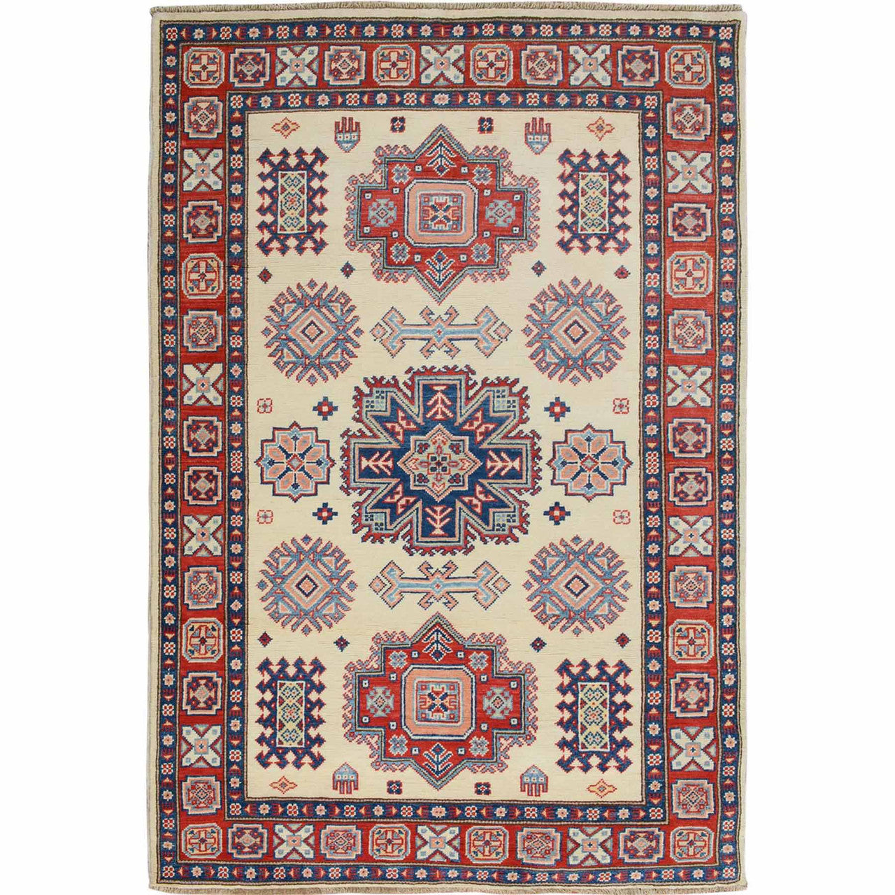 Kazak Wool Hand Knotted Rug Ivory Red 4.0X5.6 -O057079