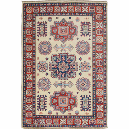 Kazak Wool Hand Knotted Rug Ivory Red 4.0X5.6 -O057079