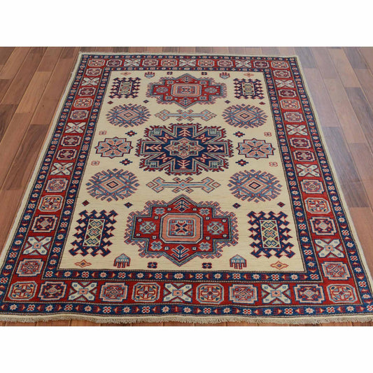 Kazak Wool Hand Knotted Rug Ivory Red 4.0X5.6 -O057079