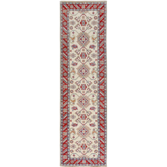 Kazak Wool Hand Knotted Rug Ivory Red 2.9X9.3 -O057088