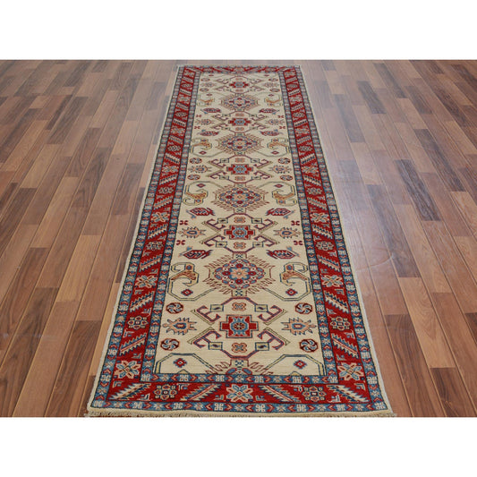 Kazak Wool Hand Knotted Rug Ivory Red 2.9X9.3 -O057088