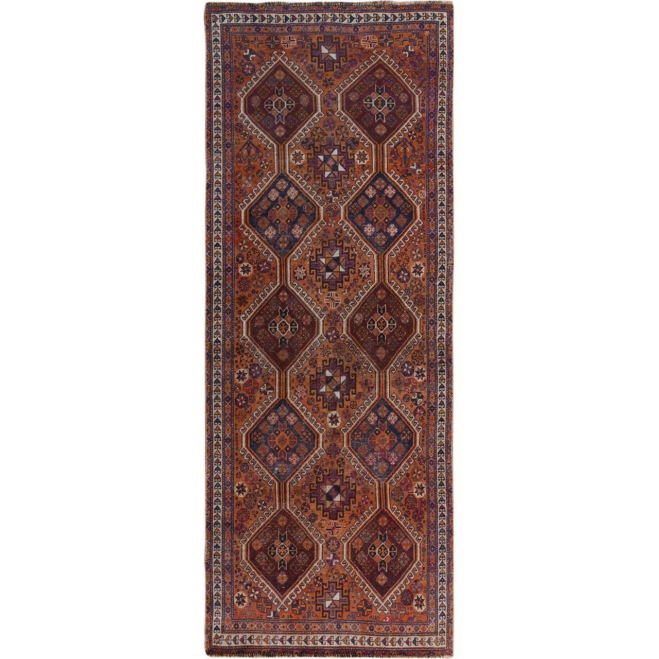 Overdyed & Vintage Worn Wool Hand Knotted Rug Orange Burnt Orange 3.10X9.1 -O057134