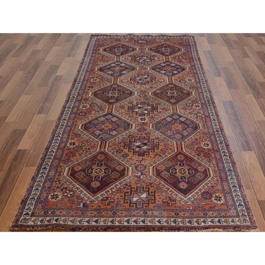 Overdyed & Vintage Worn Wool Hand Knotted Rug Orange Burnt Orange 3.10X9.1 -O057134
