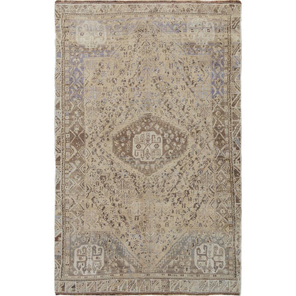 Overdyed & Vintage Worn Wool Hand Knotted Rug Beige Cuban Sand 4.4X7.4 -O057214