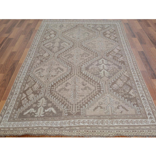 Overdyed & Vintage Worn Wool Hand Knotted Rug Brown Ivory 4.9X8.6 -O057225