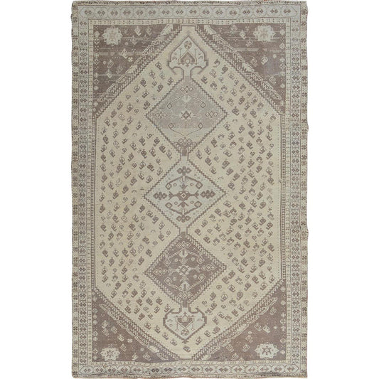 Overdyed & Vintage Worn Wool Hand Knotted Rug Beige Warm Sand 5.0X7.9 -O057236