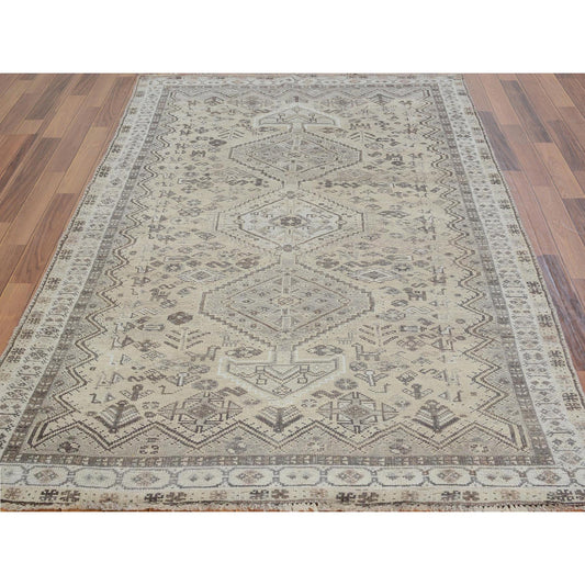 Overdyed & Vintage Worn Wool Hand Knotted Rug Beige Gray 4.10X7.10 -O057237