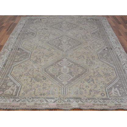 Overdyed & Vintage Worn Wool Hand Knotted Rug Beige Semolina 7.1X9.10 -O057255