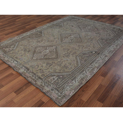 Overdyed & Vintage Worn Wool Hand Knotted Rug Beige Semolina 7.1X9.10 -O057255