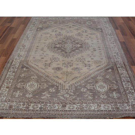 Overdyed & Vintage Worn Wool Hand Knotted Rug Beige Ivory 5.4X8.1 -O057281