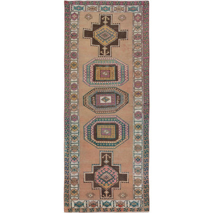 Overdyed & Vintage Worn Wool Hand Knotted Rug Brown Ivory 4.1X10.7 -O057631