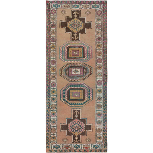 Overdyed & Vintage Worn Wool Hand Knotted Rug Brown Ivory 4.1X10.7 -O057631