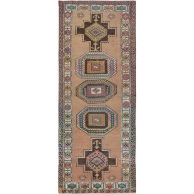 Overdyed & Vintage Worn Wool Hand Knotted Rug Brown Ivory 4.1X10.7 -O057631