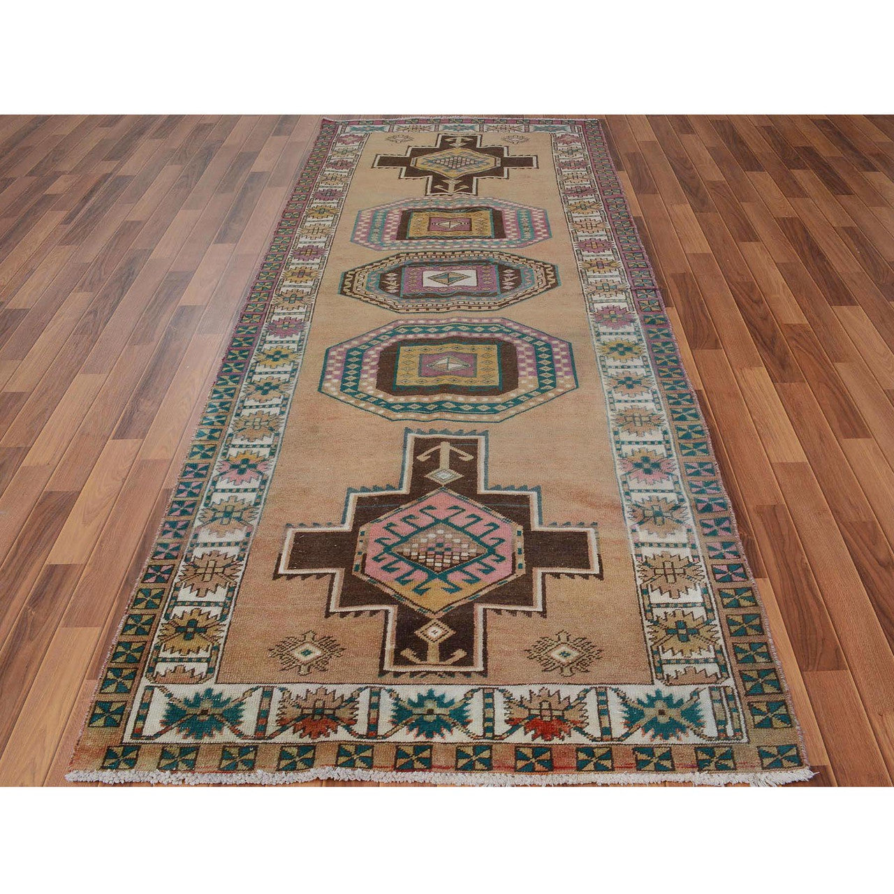Overdyed & Vintage Worn Wool Hand Knotted Rug Brown Ivory 4.1X10.7 -O057631