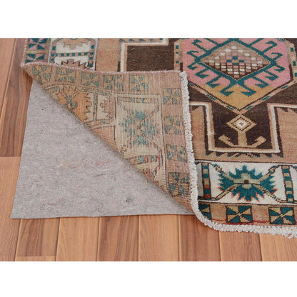 Overdyed & Vintage Worn Wool Hand Knotted Rug Brown Ivory 4.1X10.7 -O057631