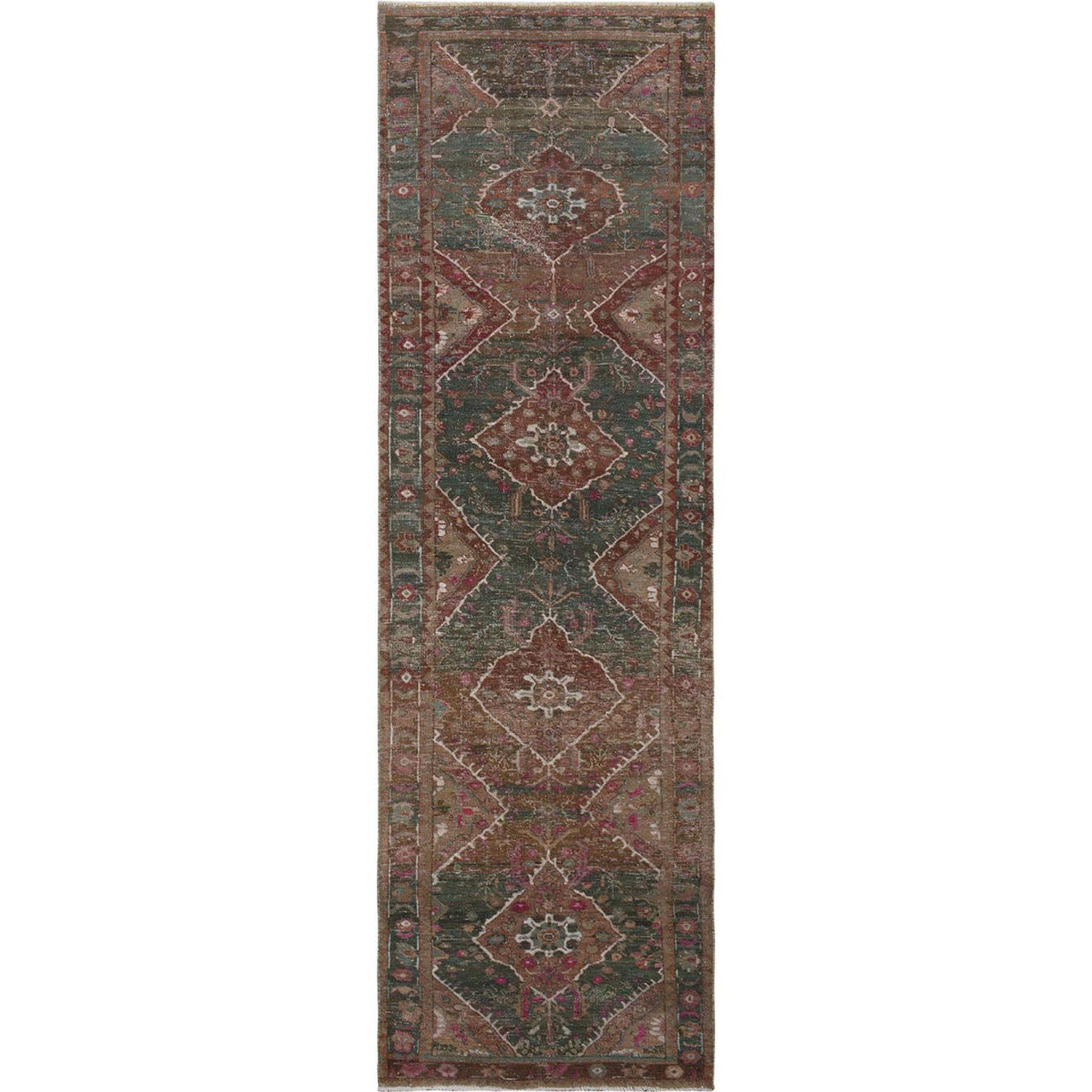 Overdyed & Vintage Worn Wool Hand Knotted Rug Green Green 3.7X12.3 -O057646