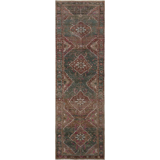 Overdyed & Vintage Worn Wool Hand Knotted Rug Green Green 3.7X12.3 -O057646