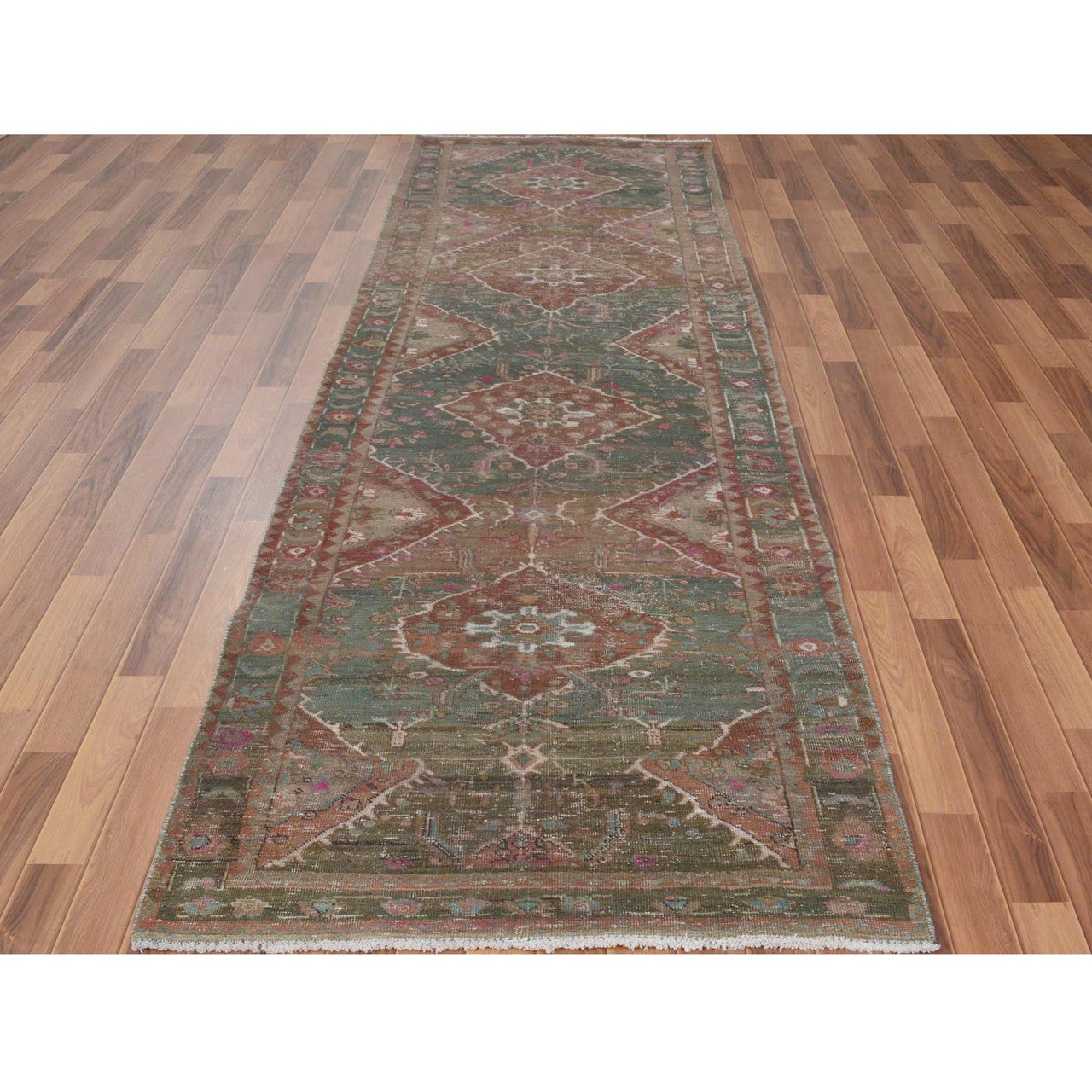 Overdyed & Vintage Worn Wool Hand Knotted Rug Green Green 3.7X12.3 -O057646