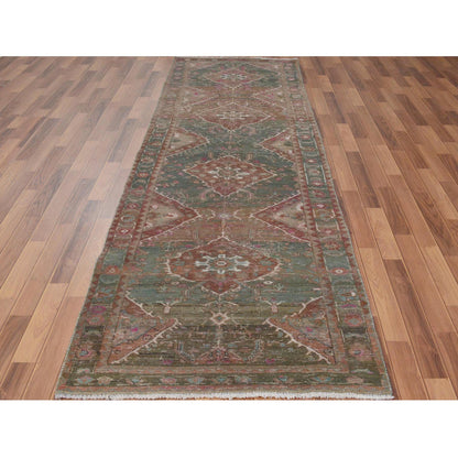 Overdyed & Vintage Worn Wool Hand Knotted Rug Green Green 3.7X12.3 -O057646