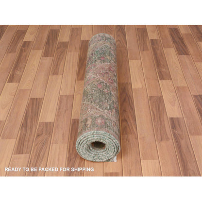 Overdyed & Vintage Worn Wool Hand Knotted Rug Green Green 3.7X12.3 -O057646