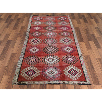 Overdyed & Vintage Worn Wool Hand Knotted Rug Red No Border 3.7X7.9 -O057773