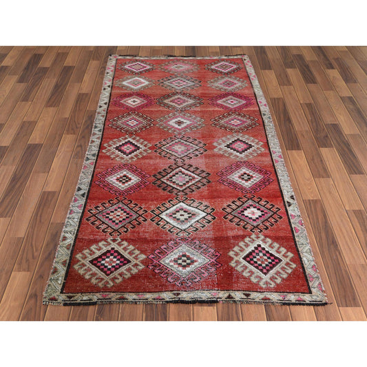 Overdyed & Vintage Worn Wool Hand Knotted Rug Red No Border 3.7X7.9 -O057773