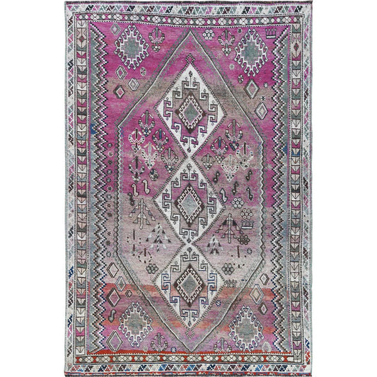 Overdyed & Vintage Worn Wool Hand Knotted Rug Pink Green 4.9X7.2 -O057837