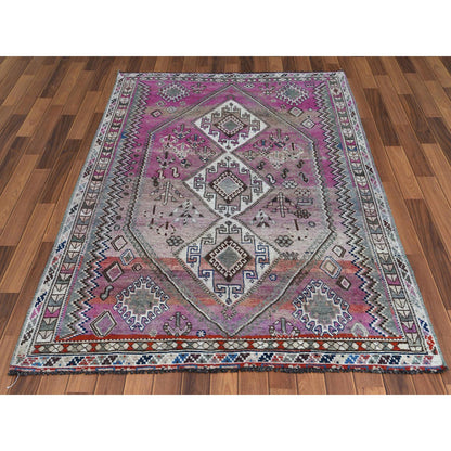 Overdyed & Vintage Worn Wool Hand Knotted Rug Pink Green 4.9X7.2 -O057837