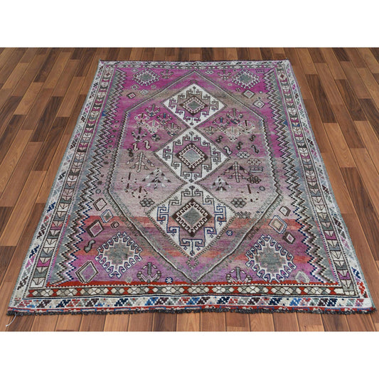 Overdyed & Vintage Worn Wool Hand Knotted Rug Pink Green 4.9X7.2 -O057837