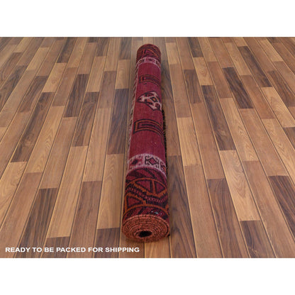 Overdyed & Vintage Worn Wool Hand Knotted Rug Red Red 4.9X10.5 -O057864