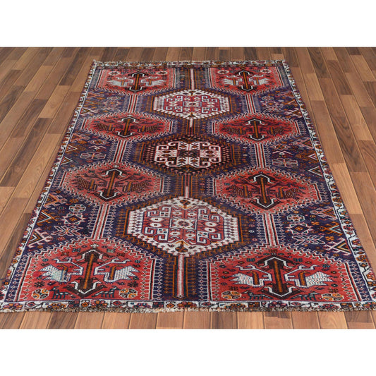 Overdyed & Vintage Worn Wool Hand Knotted Rug Red Ivory 4.6X7.2 -O057866
