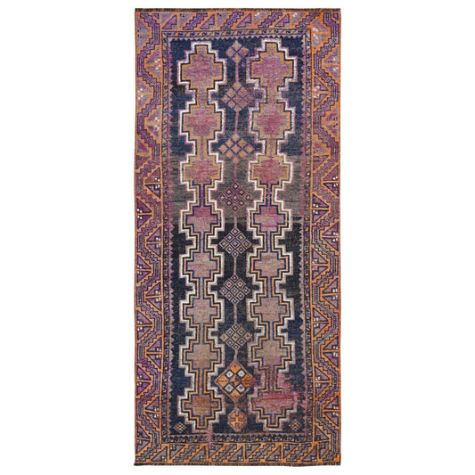 Overdyed & Vintage Worn Wool Hand Knotted Rug Blue Purple 4.0X9.3 -O057887